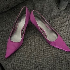 Brand name satin mid size heel shoes for a date night or special gathering